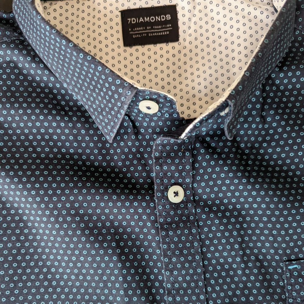 7 Diamonds Navy Blue with Green Dots Short Sleeve Shirt - Large